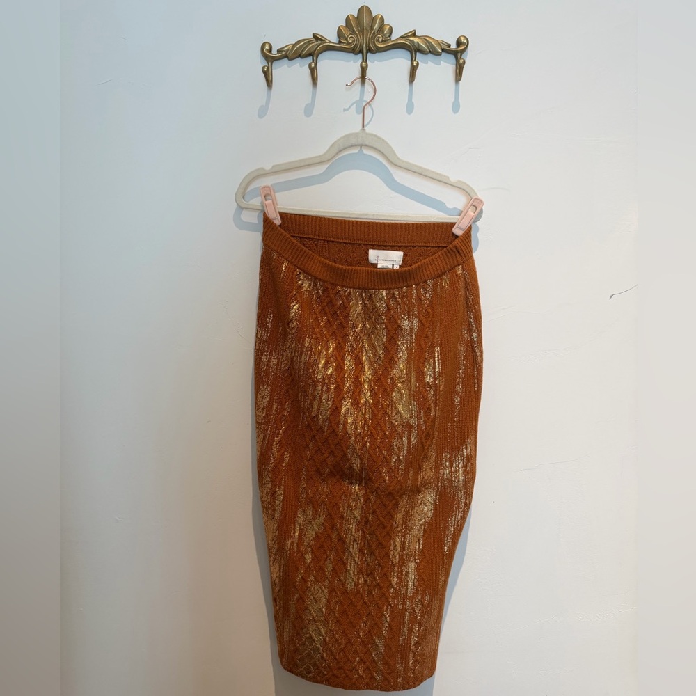 Anthropologie Brown Knit Skirt with Gold Brush Strokes